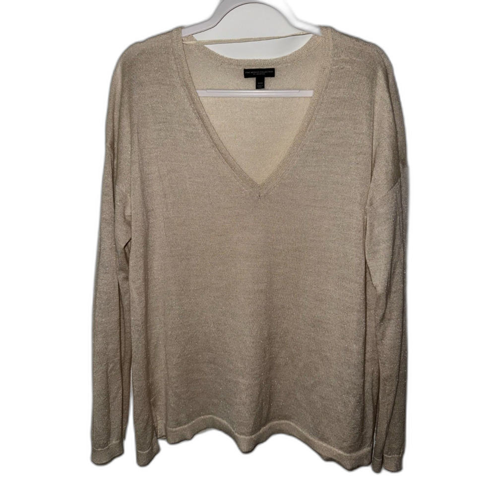 Lane Bryant Fine Merino Wool Metallic V-Neck Shimmer Sweater Gold Cream 18/20